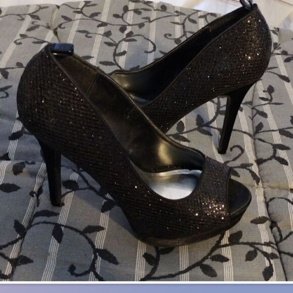 Michelle D Black Sequin Open Toe Platform Pumps, Size 7.5 - Picture 1 of 6